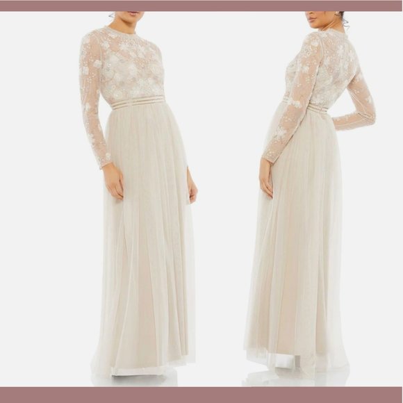 NWT $598 Mac Duggal [ 22 ] Embellished Illusion‎ High Neck Gown in Vanilla Cream - Picture 2 of 16